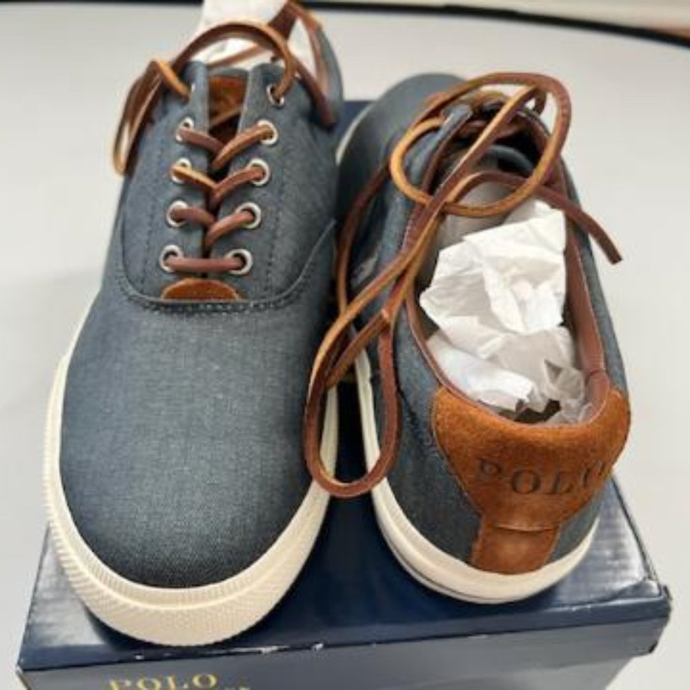 NIB Ralph lauren Polo Blue Sneakers Vaughn Chambray Herringbone